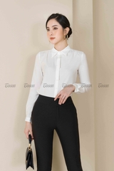 12330W01- Áo sơ mi thô đũi trắng cổ đức dài tay, nẹp xếp nơ.