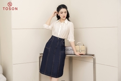 12928W63 - Áo tơ gân trắng cổ đức tay lỡ can ren