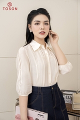 12928W63 - Áo tơ gân trắng cổ đức tay lỡ can ren