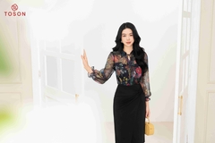 12976B93 - Áo tơ hoa họa tiết, cổ đức tay bo chun