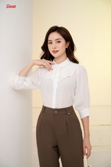 12983W62 - Áo sơ mi Chiffon trắng dài tay, cổ đức, xếp tà bong.