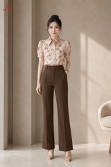 13004N36 - Áo croptop cổ đức in hoa nâu