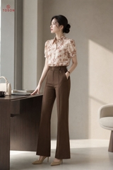 13004N36 - Áo croptop cổ đức in hoa nâu
