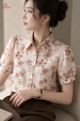 13004N36 - Áo croptop cổ đức in hoa nâu