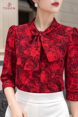 14129D36 - Áo hoa hồng silk cổ buộc nơ
