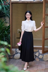 14176 - Áo tơ vân tencel, cổ cách điệu nơ