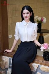 14176 - Áo tơ vân tencel, cổ cách điệu nơ