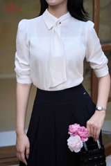 14176 - Áo tơ vân tencel, cổ cách điệu nơ