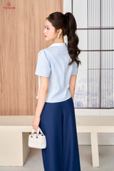 13133 - Áo croptop thô kẻ, cổ phối nơ