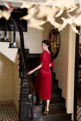 49122D96 - Đầm tiệc lụa đỏ vai phối tà bong