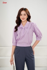 14571P52 - Áo sơ mi thô ô hồng tím, cổ đức V đính nơ - Limitted.