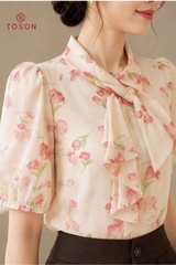 14887H66 - Áo silk hoa cổ tạo nơ (SXTN)