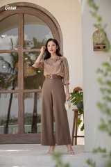 24978N52 - Quần nâu ống rộng cạp cao phối mặt đai.