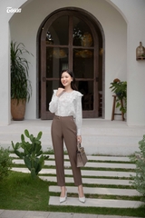 22033N62 - Quần nâu cafe tuyp si dáng côn đứng, cạp phai đai lệch.