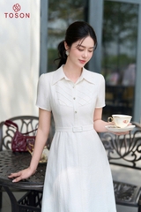 43156E96 - Đầm linen trắng phẩy,cổ đức bấu mí