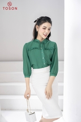 16125X83 - Áo tơ lụa xanh, cổ tàu xếp bèo
