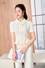 11004J66 - Áo đũi kem chấm bi cổ sam đính nơ