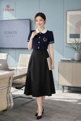 19139T66 - Áo đờ mi xanh than cổ phối trắng