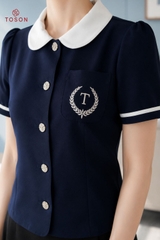 19139T66 - Áo đờ mi xanh than cổ phối trắng