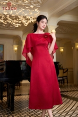 49122D96 - Đầm tiệc lụa đỏ vai phối tà bong