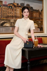 43145E66 - Đầm linen kem cổ đức,eo thắt đai hoa