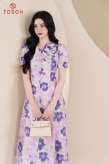 43919H95 - Đầm tơ xòe hoa, cổ đính bông hoa