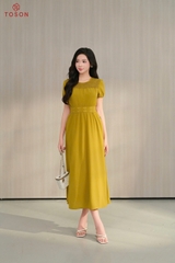 43076V95 - Đầm thô lụa vàng đồng, eo thêu hoa