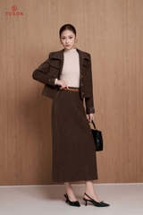 B8364N65 - Bộ nhung nâu phối da: Vest + C.váy