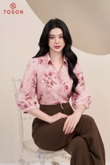 12112 - Áo cổ đức V lụa xanh họa tiết