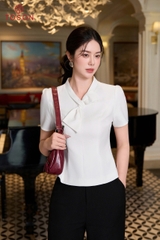 19140W96 - Áo ký giả trắng đũi nhật, cổ tạo nơ