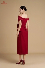 49307D75 - Đầm tiệc đỏ trễ vai đính hoa eo