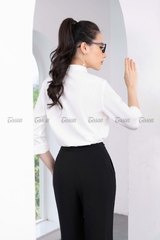 24044B52- Quần đen gân hàn suông ống rộng, cạp cao phối dây nơ