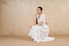 42091W95 - Đầm xòe thô boi trắng dệt họa tiết