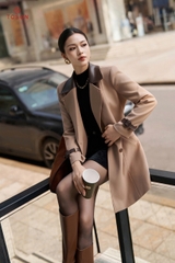 94007N95 - Măng tô nâu cổ phối da, lót trần bông