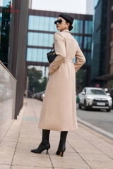 92002 - Măng tô dài dạ pha lê be nâu, thắt đai eo