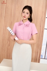 12042P96 - Áo lụa hồng cổ đức cuốn hoa