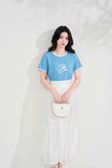 AP117 - Áo cotton vàng phối trắng in hoa hồng