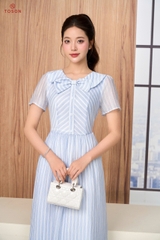 43097X66 - Đầm xòe tơ kẻ xanh,cổ đan chéo
