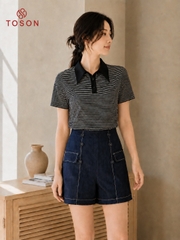 27006T06 - Quần soóc denim xanh than diễu chỉ trắng