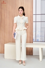 11004J66 - Áo đũi kem chấm bi cổ sam đính nơ