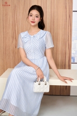 43097X66 - Đầm xòe tơ kẻ xanh,cổ đan chéo