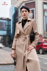 92002 - Măng tô dài dạ pha lê be nâu, thắt đai eo