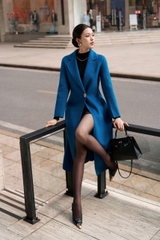 99007X34- Áo dạ lông cừu Xanh dáng dài, cổ K cài 1 khuy