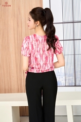 14059P95 - Áo hồng silk kẻ, buộc nơ eo