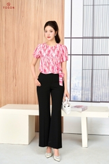 14059P95 - Áo hồng silk kẻ, buộc nơ eo