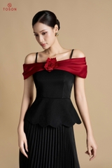 13092B75 - Áo sake đen xếp vai tơ đỏ đính hoa (LIMITTED)