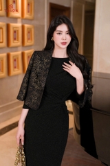 82053B05 - Áo khoác ngắn gấm đen lông thêu hoa vàng