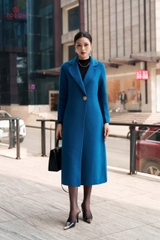 99007X34- Áo dạ lông cừu Xanh dáng dài, cổ K cài 1 khuy