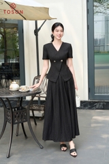 31B79K96 - Chân váy xòe linen đen kẻ