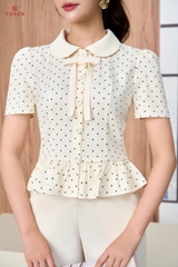 11004J66 - Áo đũi kem chấm bi cổ sam đính nơ